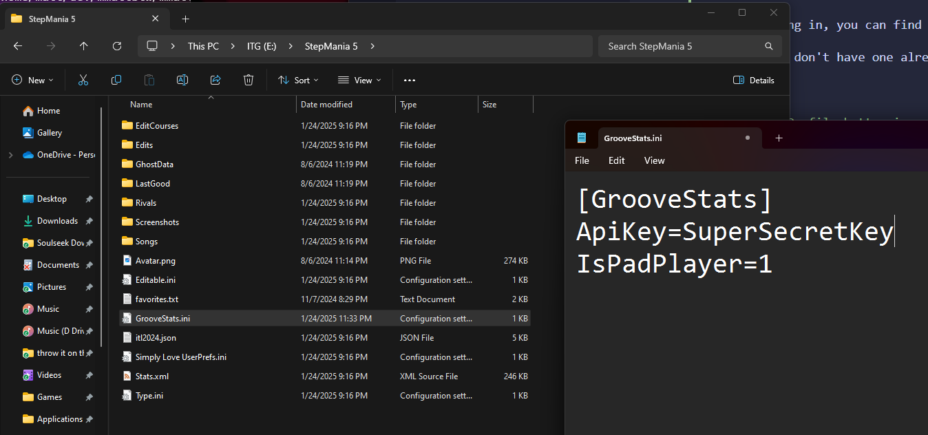 GrooveStats.ini contains a line that says "[GrooveStats]", the next line starts with "ApiKey=" with a space to put your GrooveStats API key, and the last line in the file says "IsPadPlayer=1" which is required for uploading scores.